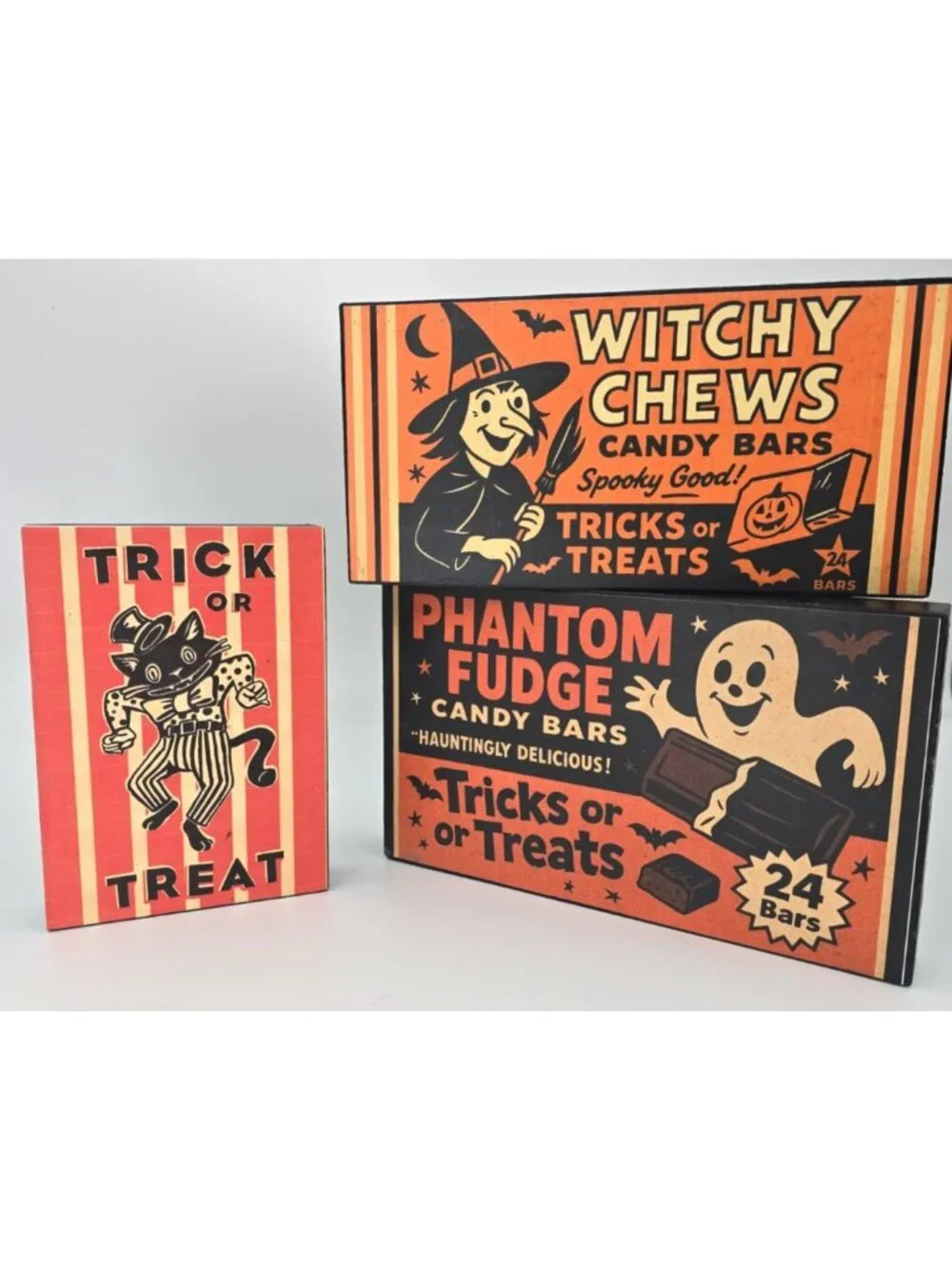 OOAK Set of 3 Retro Halloween Wood Wall Signs Candy Advertising Ghost Cat Witch